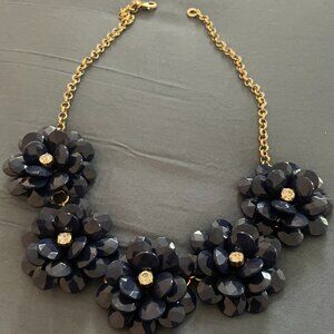 J. Crew Signed Floral Necklace Navy Blue Flowers Rhinestones Gold Tone Chain